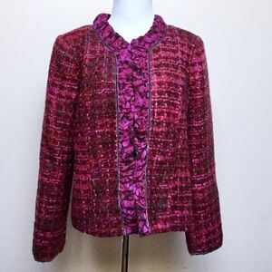 Tweed Chanel Like Pink Fuchsia Ruffle Collar Tailored Blazer Barbie Magenta EUC